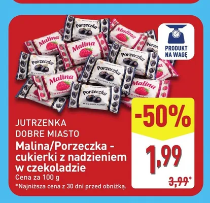 Cukierki z nadzieniem w czekoladzie Jutrzenka Dobre Miasto Malina promocja w Aldi