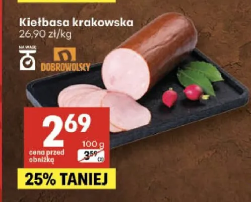 Kiełbasa krakowska Dobrowolscy promocja w Delikatesy Centrum