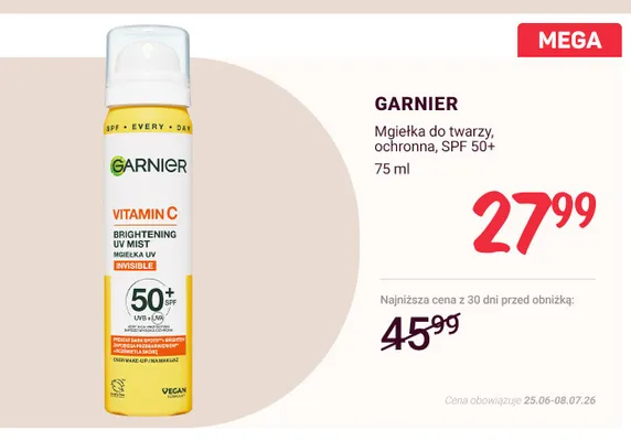 Mgiełka do twarzy ochronna Garnier Vitamin C SPF 50+ promocja w Rossmann