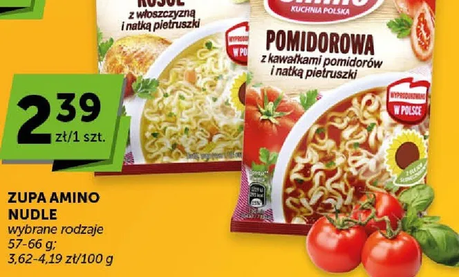 Zupa nudle pomidorowa z kawałkami pomidorów i małą pietruszką promocja w Euro Sklep
