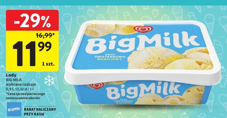 Lody Big Milk wybrane rodzaje 900ml promocja w Intermarche