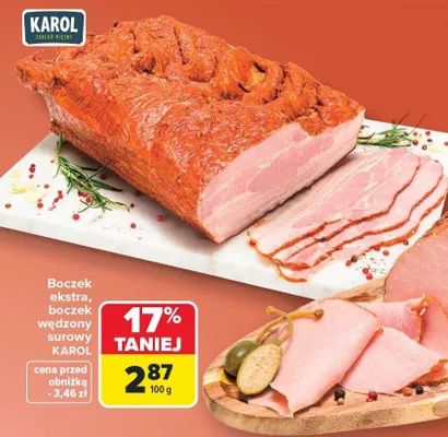 Boczek wędzony surowy Karol promocja w Carrefour Market
