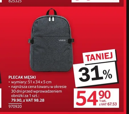 Plecak męski Vivess 51x34x5 cm promocja w Selgros