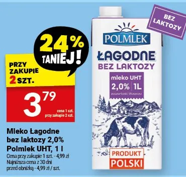 Mleko Łagodne bez laktozy 2,0% Polmlek UHT, 1 l promocja w Twój Market