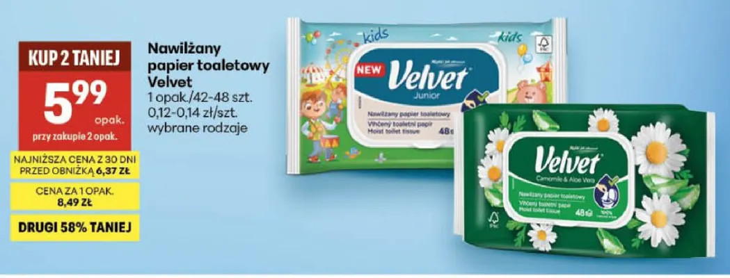Nawilżany papier toaletowy Velvet Junior promocja w Delikatesy Centrum