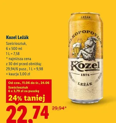 Piwo Kozel Ležák 6-pak 500 ml promocja w Lidl