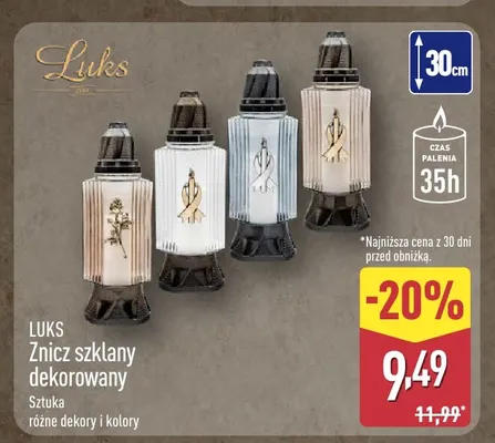 Znicz szklany dekorowany Luks promocja w Aldi