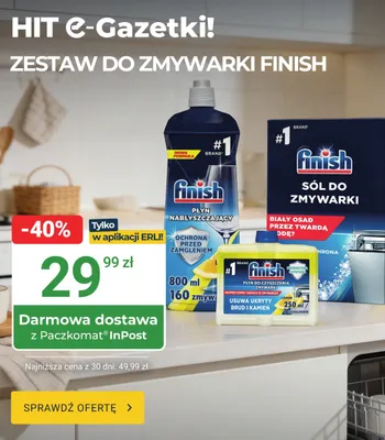 Zestaw do zmywarki Finish: płyn nabłyszczający 800ml, sól do zmywarki, płyn do czyszczenia zmywarki 250ml promocja w ERLI