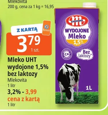 Mleko UHT Wydojone bez laktozy Mlekovita 3,2% promocja w Leclerc