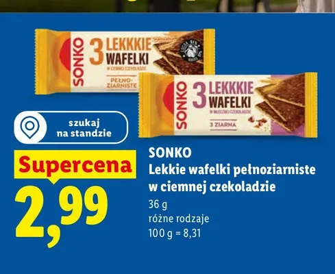 Lekkie wafelki pełnoziarniste w ciemnej czekoladzie Sonko promocja w Lidl