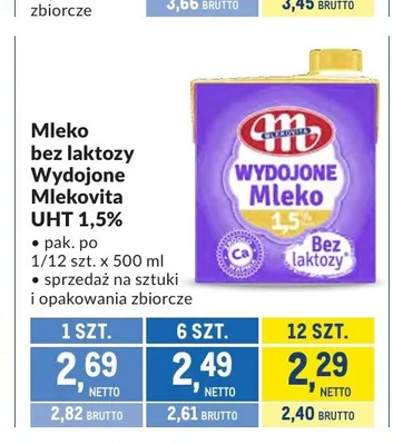 Mleko bez laktozy Wydojone Mlekovita UHT 1,5% promocja w Makro