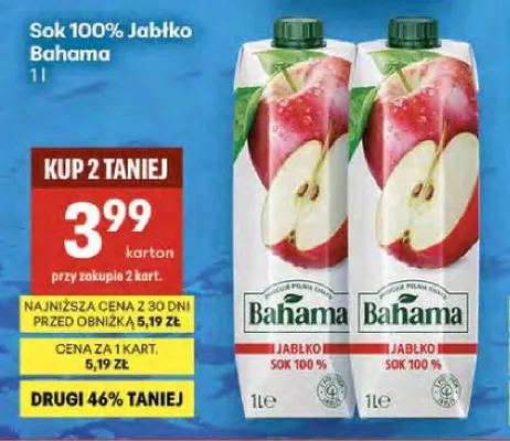 Sok 100% jabłko Bahama promocja w Delikatesy Centrum