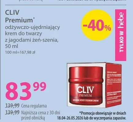 Odżywczo-ujędrniający krem do twarzy z jagodami żeń-szenia Cliv Premium promocja w Hebe