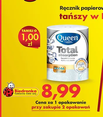 Ręcznik papierowy 3-warstwowy Queen Total absorption promocja w Biedronka
