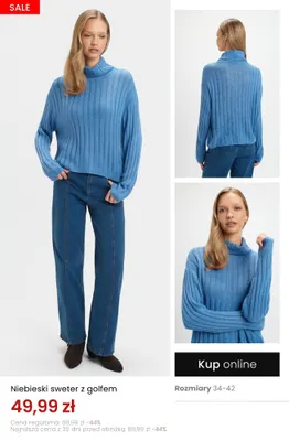 Niebieski sweter z golfem promocja w Top Secret