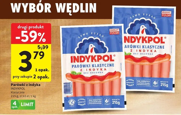 Parówki z indyka Indykpol klasyczne promocja w Intermarche