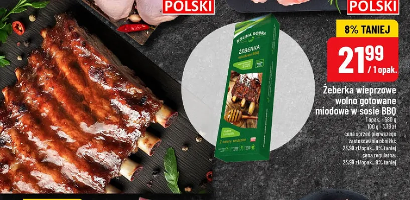 Żeberka wieprzowe wolno gotowane miodowe w sosie BBQ Dolina Dobra promocja w POLOmarket