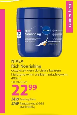 Odżywczy krem do ciała Rich Nourishing z kwasem hialuronowym i olejkiem migdałowym Nivea promocja w Hebe