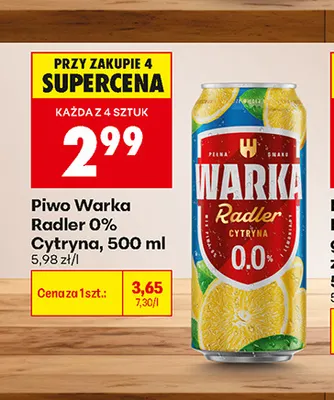 Piwo bezalkoholowe Warka Radler Cytryna promocja w Biedronka