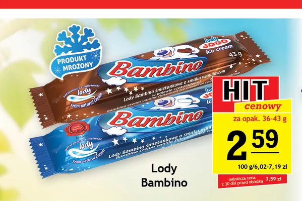 Lody śmietankowe o smaku waniliowym w polewie czekoladowej Bambino promocja w Gram Market