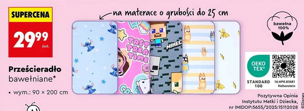 Prześcieradło bawełniane 90x200 cm, różne wzory promocja w Biedronka