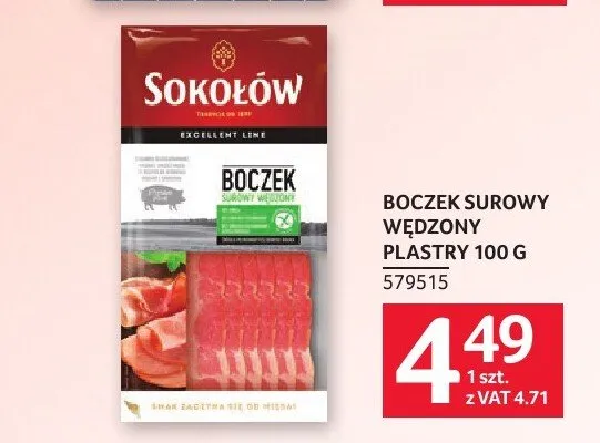 Boczek surowy wędzony plastry Sokołów promocja w Selgros