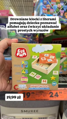 Drewniane klocki litery Elefun Smartwood promocja w Biedronka