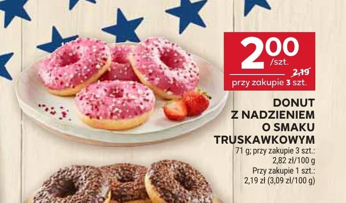 Donut z nadzieniem o smaku truskawkowym promocja w Stokrotka