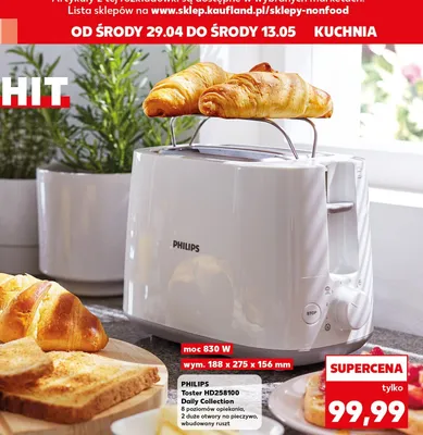 Toster Philips HD258100 Daily Collection 8 poziomów opiekania 2 duże otwory na pieczywo wbudowany ruszt 830W promocja w Kaufland