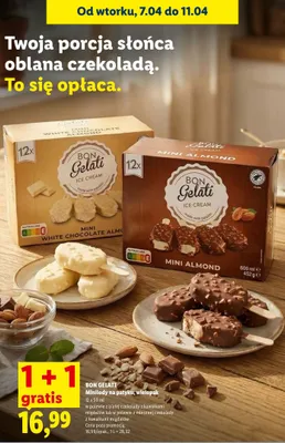Lody minilody na patyku w polewie z mlecznej czekolady z kawałkami migdałów promocja w Lidl