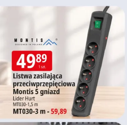 Listwa zasilająca przeciwprzepięciowa Montis 5 gniazd MT030-1,5 m promocja w Leclerc