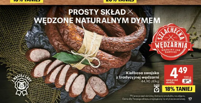 Kiełbasa swojska z tradycyjnej wędzarni Szlachecka Wędzarnia promocja w Delikatesy Centrum