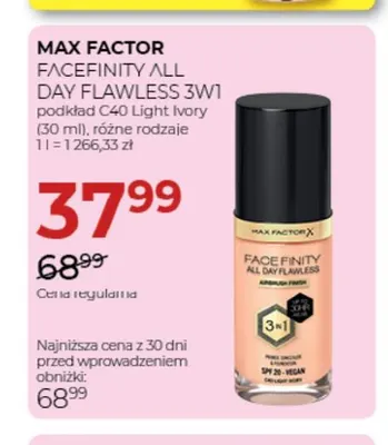 Podkład Facefinity All Day Flawless 3w1 C40 Light Ivory Max Factor promocja w Drogerie Jawa