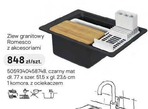 Zlew granitowy Romesco z akcesoriami czarny mat dł. 77 x szer. 51,5 x gł. 23,6cm 1 komora, z ociekaczem promocja w Castorama