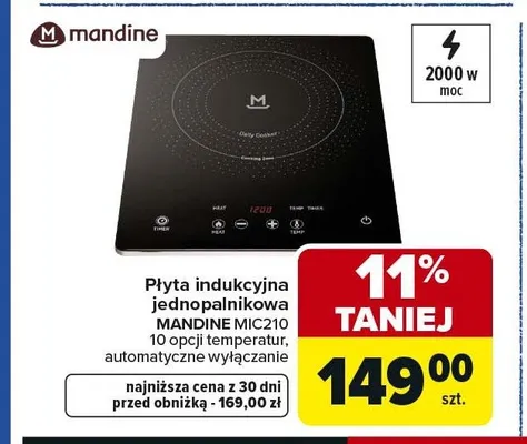 Płyta indukcyjna jednopalnikowa MANDINE MIC210 2000W 10 opcji temperatur automatyczne wyłączanie promocja w Carrefour