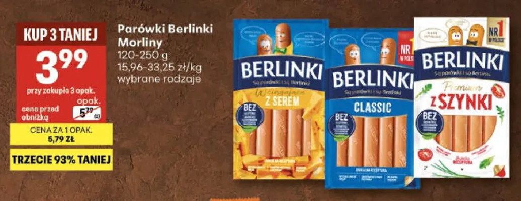 Parówki Berlinki z serem Morliny promocja w Delikatesy Centrum