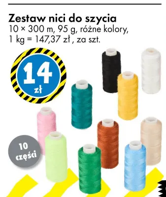 Zestaw nici do szycia 10 × 300 m, 95 g, różne kolory, 1 kg = 147,37 zł promocja w Tedi