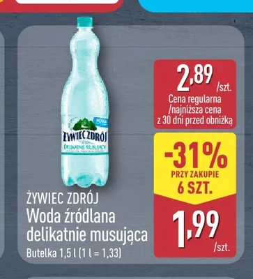 Woda źródlana gazowana delikatnie musująca Żywiec Zdrój promocja w Aldi