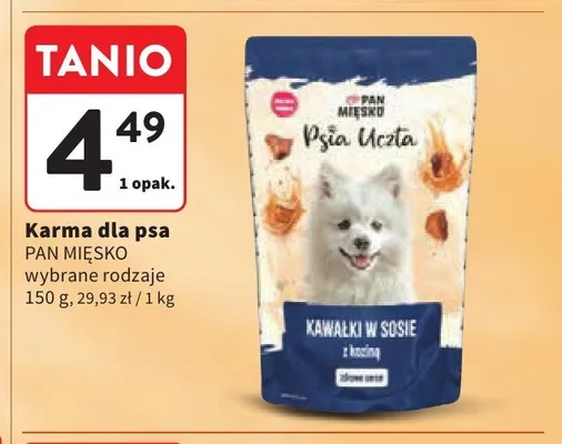Karma dla psa Pan Mięsko Psia Uczta kawałki w sosie z koziną promocja w Intermarche