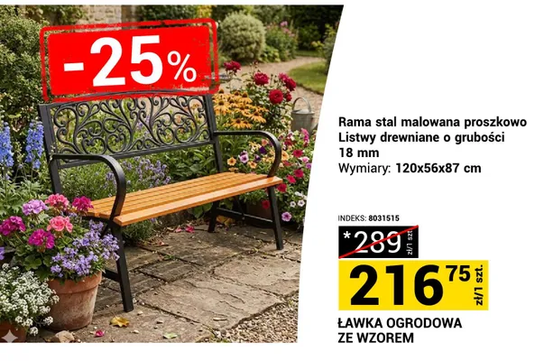 Ławka ogrodowa ze wzorem rama stal malowana proszkowo listwy drewniane o grubości 18 mm promocja w Merkury Market