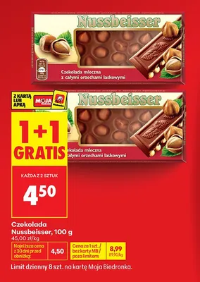 Czekolada mleczna z całymi orzechami laskowymi Nussbeisser promocja w Biedronka