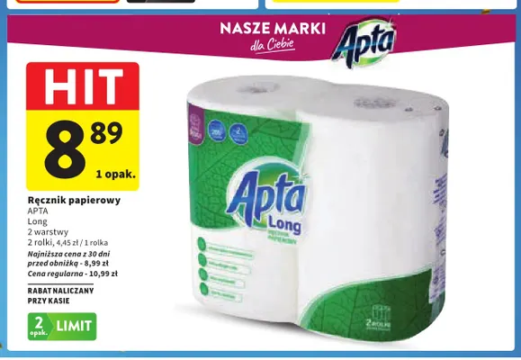 Ręcznik papierowy Long 2 warstwy Apta 2-pak promocja w Intermarche