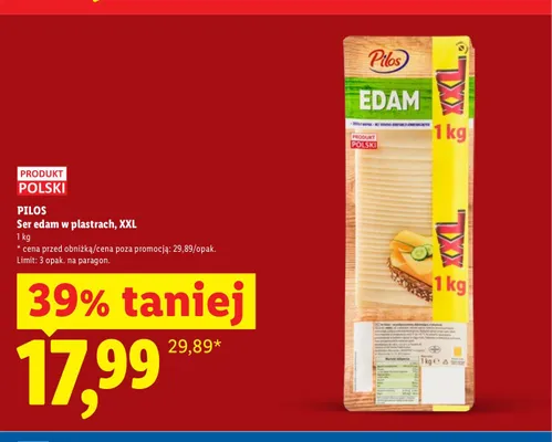 Ser edam w plastrach Pilos XXL promocja w Lidl