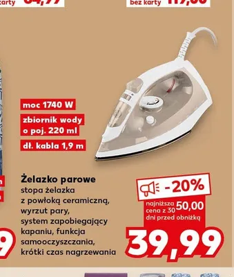 Żelazko parowe stopa żelazka z powłoką ceramiczną, wyrzut pary, system zapobiegający kapaniu, funkcja samooczyszczania, krótki czas nagrzewania moc 1740W zbiornik wody o poj. 220ml dł. kabla 1,9m Kaufland promocja w Kaufland