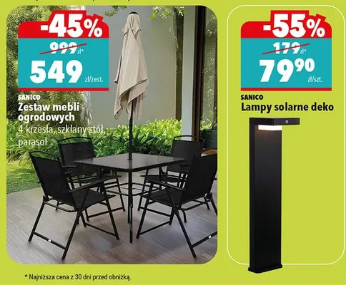 Zestaw mebli ogrodowych 4 krzesła, szklany stół, parasol promocja w Biedronka