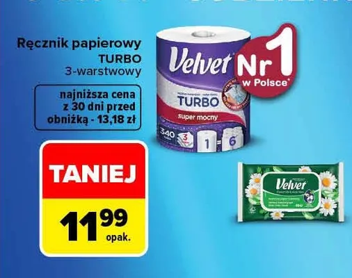 Ręcznik papierowy Turbo 3-warstwowy Velvet promocja w Carrefour