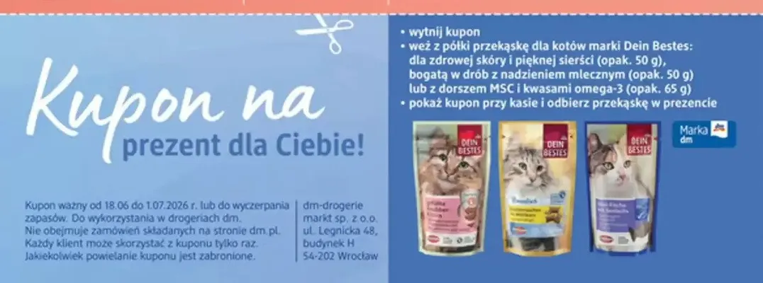 Przekąska dla kotów Dein Bestes dla zdrowej skóry i pięknej sierści promocja w Drogerie DM