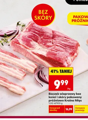 Boczek wieprzowy bez kości i skóry pakowany próżniowo Kraina Mięs promocja w Biedronka