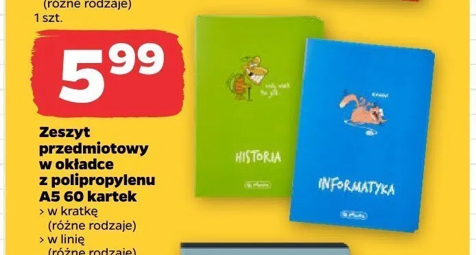 Zeszyt przedmiotowy w okładce z polipropylenu A5 60 kartek w linię Herlitz promocja w Netto