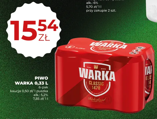 Piwo Warka Classic 6-pak 330 ml promocja w Duży Ben
